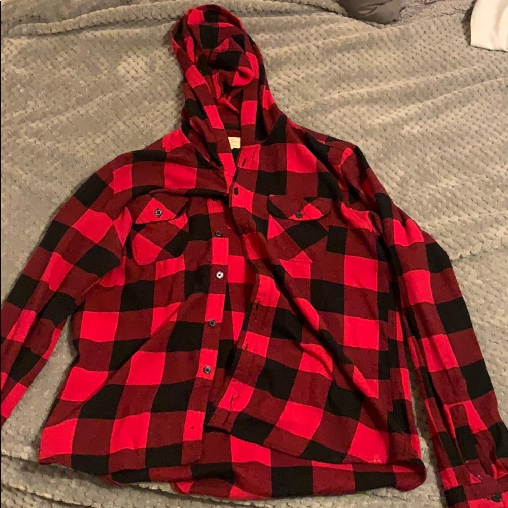 Red and black flannel with hood